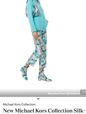 Michael Kors Collection Turquoise Floral Cropped Pants